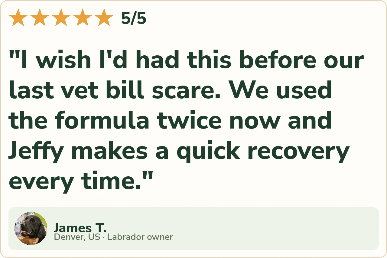 Five-star review from James T. about his Labrador Jeffy: I wish I'd had this before our last vet bill scare. We used the formula twice now and Jeffy makes a quick recovery every time.